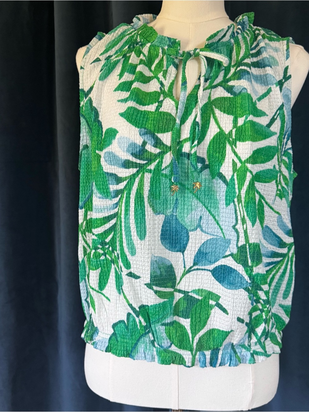 Kathy Ireland Palm Tree and Leaves Sleeveless Elastic Waist Blouse Size M